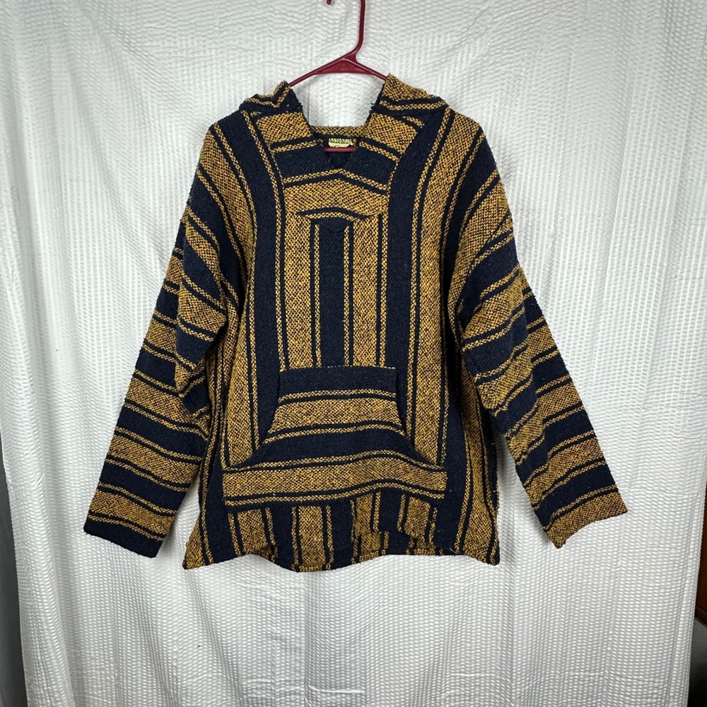 Baja Hoodie Mexican Blanket Pullover XL XXL Navy Mustard Striped Boho Drug Rug